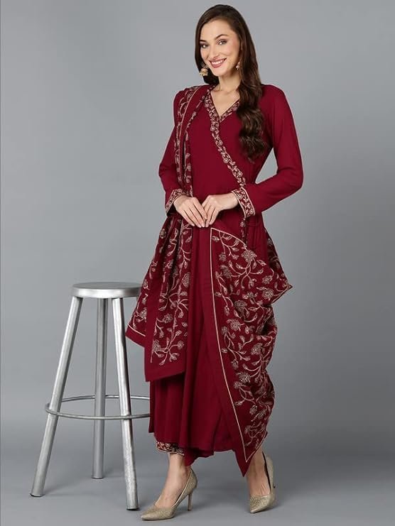 Women's Georgette Embroidered Flared Angrakha Pant With Dupatta With Inner - Image 2