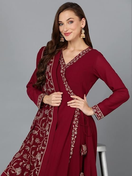 Women's Georgette Embroidered Flared Angrakha Pant With Dupatta With Inner - Image 5