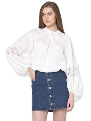 MODA Tie-Up Neck Puff Sleeves Gathered Lace Detail Top