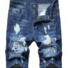 Men's Moto Biker Jeans Shorts Ripped Distressed Denim Shorts with Broken Hole