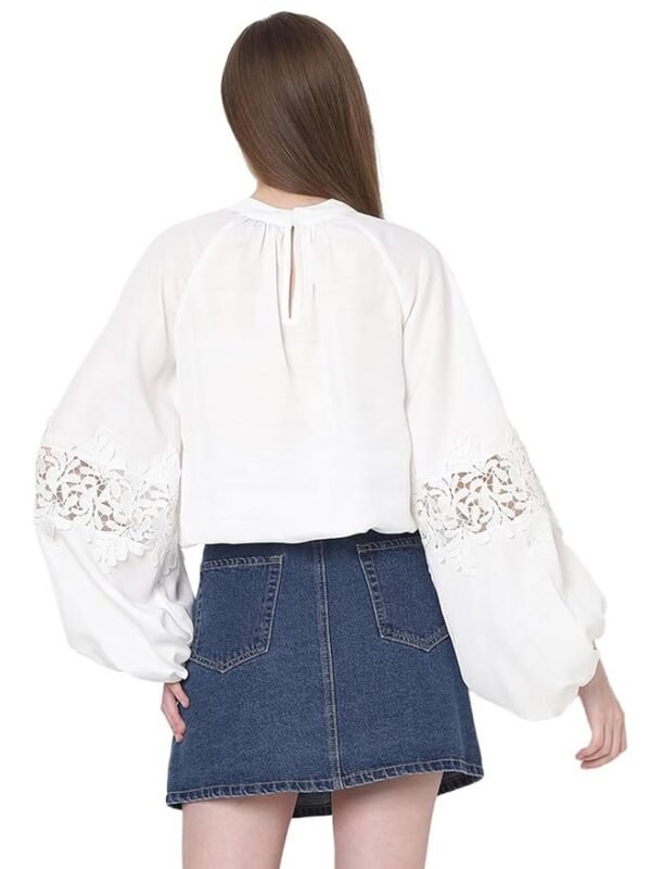 VERO MODA Tie-Up Neck Puff Sleeves Gathered Lace Detail Top - Image 4