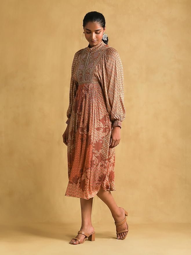 Titu Kumar Rust Micro Print Embroidered Dress - Image 5