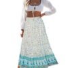 Women's 2023 Bohemian Floral Printed Elastic Waist A Line Maxi Skirt with Pockets, Lake Blue, Small