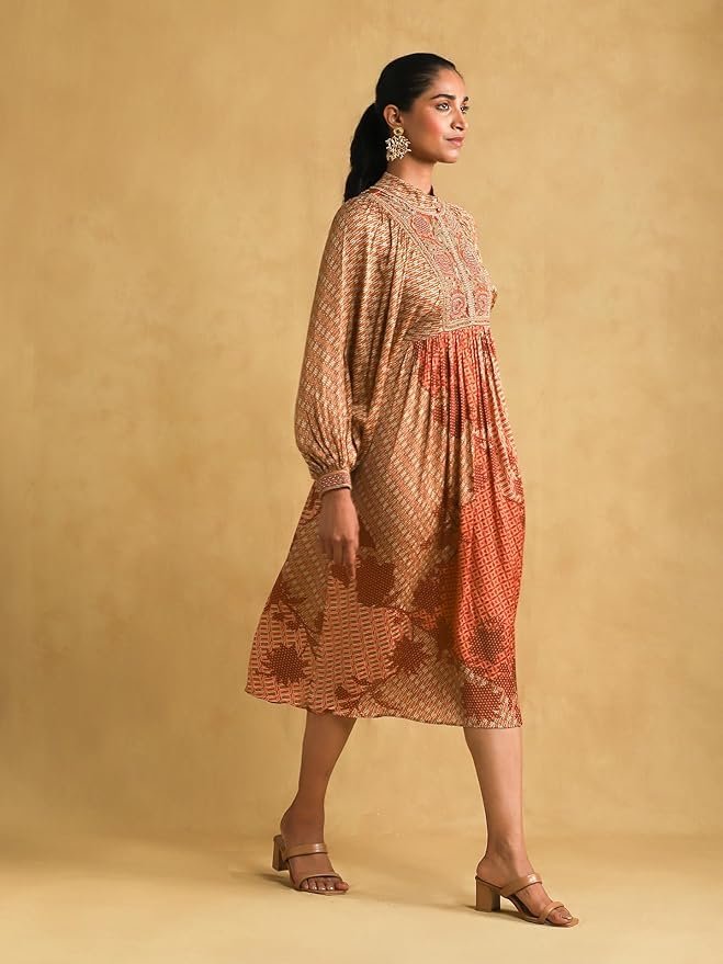 Titu Kumar Rust Micro Print Embroidered Dress - Image 4