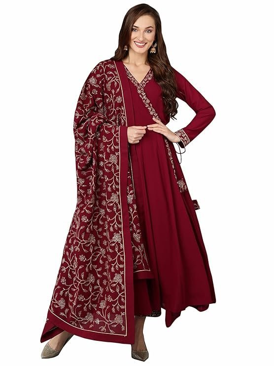 Women's Georgette Embroidered Flared Angrakha Pant With Dupatta With Inner