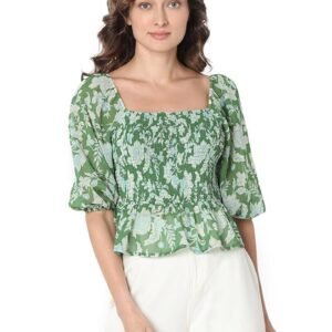 VERO MODA Floral Printed Puff Sleeve Cinched Waist Crop Top