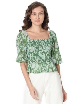 VERO Floral Printed Puff Sleeve Cinched Waist Crop Top