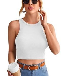 Women's Basic Sleeveless Crop Top Halter Neck Racer Back Rib Knit Tank b-CT-02