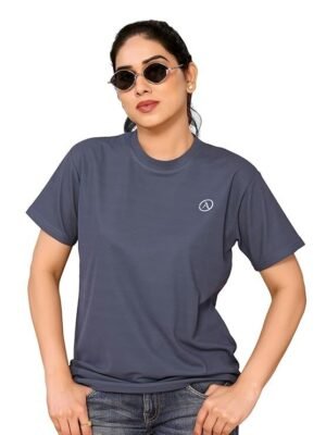 Women's Solid Round Neck Lycra Black T-Shirt