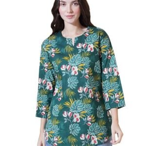 FebQ Women's Cotton Fabric Keyhole Neck 3/4 Sleeves Floral Printed Casual Short Kurti